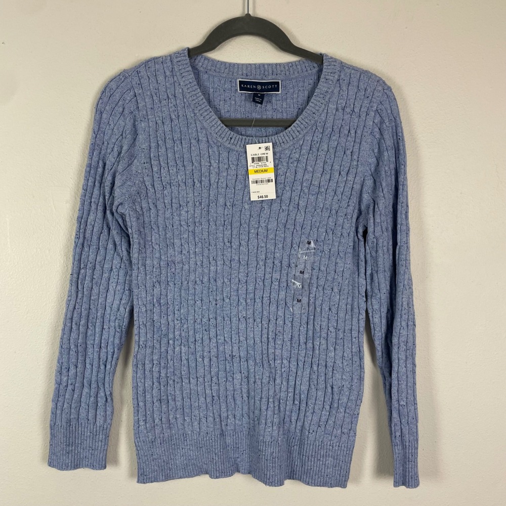 NWT‎ Karen Scott Cable Knit Sweater Light Blue Speckled Crew Neck Long Sleeve M